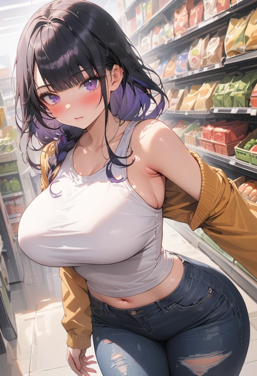 casual clothes at the supermarket, white skin girl showing her whole body, wearing jeans, Full body inside a supermarket with a shopping cart, (( girl, cute type, slim, thin waist, thin arms, black hair, short bob)), (((shirt lift, white lace bra, The fabric of the bra is thin, The nipples are visible, beautiful breasts))),no bra