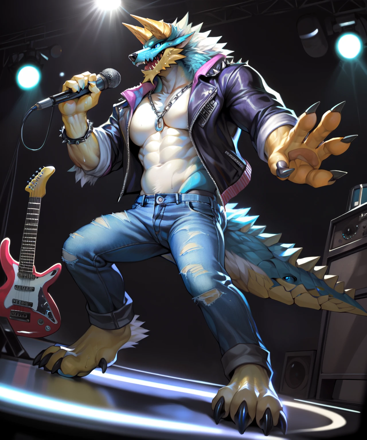 anthro,(zinogre:1.2),tail,((full body,blue eyes, blue body, white furry, yellow hand, yellow feet, blue face,4TOES,TAILS )),((horns)),muscular, ((electric guitar, rock, play guitar)), (stage), stage lights, stereo,
((open jacket,punk, jeans)),sweat, (chain necklace, spiked bracelet), (electricity), DETAILED HANDS,singing, open mouth, sharp teeth,
full body, detailed eye,
(by null-ghost,by raccoon21,masterpiece,high quality), <lora:8:1>