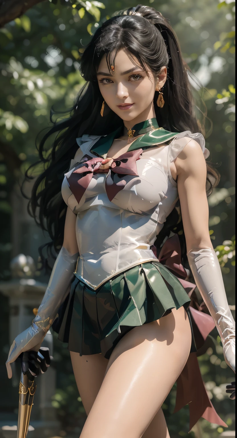masterpiece、3d、realistic、super micro photography、Detailed and highest quality、Super detailed CG Unity 8k wallpaper、full:1.3、Stand、from below、showing white panties、intricate details、(1 female,housewife)、、dynamic english、((A gorgeous golden tiara on the forehead:1.4、metallic green pleated mini skirt:1.2、pregate mini skirt:1.3、Huge red bow on the chest:1.2、black gloves on elbows:1.1、black big collar、green sailor collar、Red brooch))、(red eyes,SetsunaMeiou
hair_good,
Meisha Onfu)、(Sailor Pluto Single Hairpan
Tiara sailor warrior uniform Skirt Gloves),((single ponytail)),luxury gold decoration, incredibly long dark green hair:1.2、Shiny beautifull straight long dark green hair,:1.2、Sailor Pluto uniform, (sailor warrior uniform、bare upper arm:1.2、No sleeve,Long white latex gloves with luxurious gold decoration:1.3、very large pink ribbon on the back of the waist,:1.1、green choker、 The cleavage is sexy and boldly large、gold ring earrings,Shiny black long knee-high boots with luxurious gold embellishments)、(Extremely thin and fitted high gloss white holographic leather:1.3,Bold sexy slender white high leg gravette swimsuit)、staff, holding_staff, Key chain accessories at waist,((combat readiness))、has a huge key wand,
((black skin:1.2,enchanting smile、very pretty face、facial details:1.5、bright red eyes、A beautifull face、beautidfull eyes、shining eyes、thin lips:1.3、thin and sharp pale eyebrows,、long and thick eyelashes、double eyelashes))、gorgeous giant white wing muscles:1.2、 Muscular abs:1.2、small face、huge breasts、Tall and glamorous, perfect professional potion、big breasts thin waist、big ass,sexy model posing、Visible pores、perfect hands:1.5、octane rendering、very dramatic picture、strong natural light、sunlight、exquisite light and shadow、dslr harp、concentrated:1.0、maximum clarity and sharpness、(dynamic lightning background:1.3、divinity of the underworld,divinity of space and time,Lightning space background, Pluto、moon light、moon、moving background、detailed background)One girl that