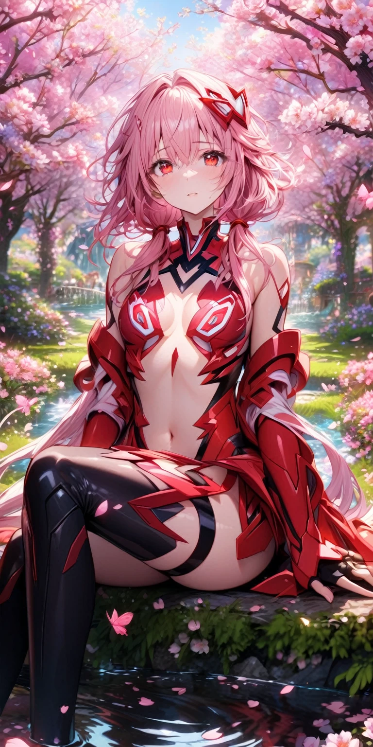 absurdres, highres, ultra detailed, HDR, master piece, best quality, extremely detailed, detailed eyes, detailed face, Yuzuriha Inori, pink hair, hair tied in two front low ponytails, expressive red eyes, Guilty Crown, solo, woman, beautiful, red clothes, magical, fantasy, garden, cherry blossoms, pink butterflies, pink flowers, pink petals, water, magic, powers, EXPERIMENTAL SUIT, red fingerless gloves, black thighhighs, center opening, hair ornament, sitting