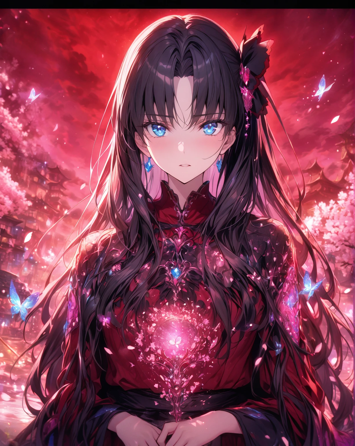 absurdres, highres, ultra detailed, HDR, master piece, detailed face, detailed eyes, Tohsaka Rin, black hair, long hair, expressive blue eyes, red shirt, black skirt, woman, best quality, Fate Stay Night, solo, fantasy, magical, sensual, glittering, accessories, pink moon, pink magic, starry sky, extremely beautiful, cherry blossoms, petals, butterflies 