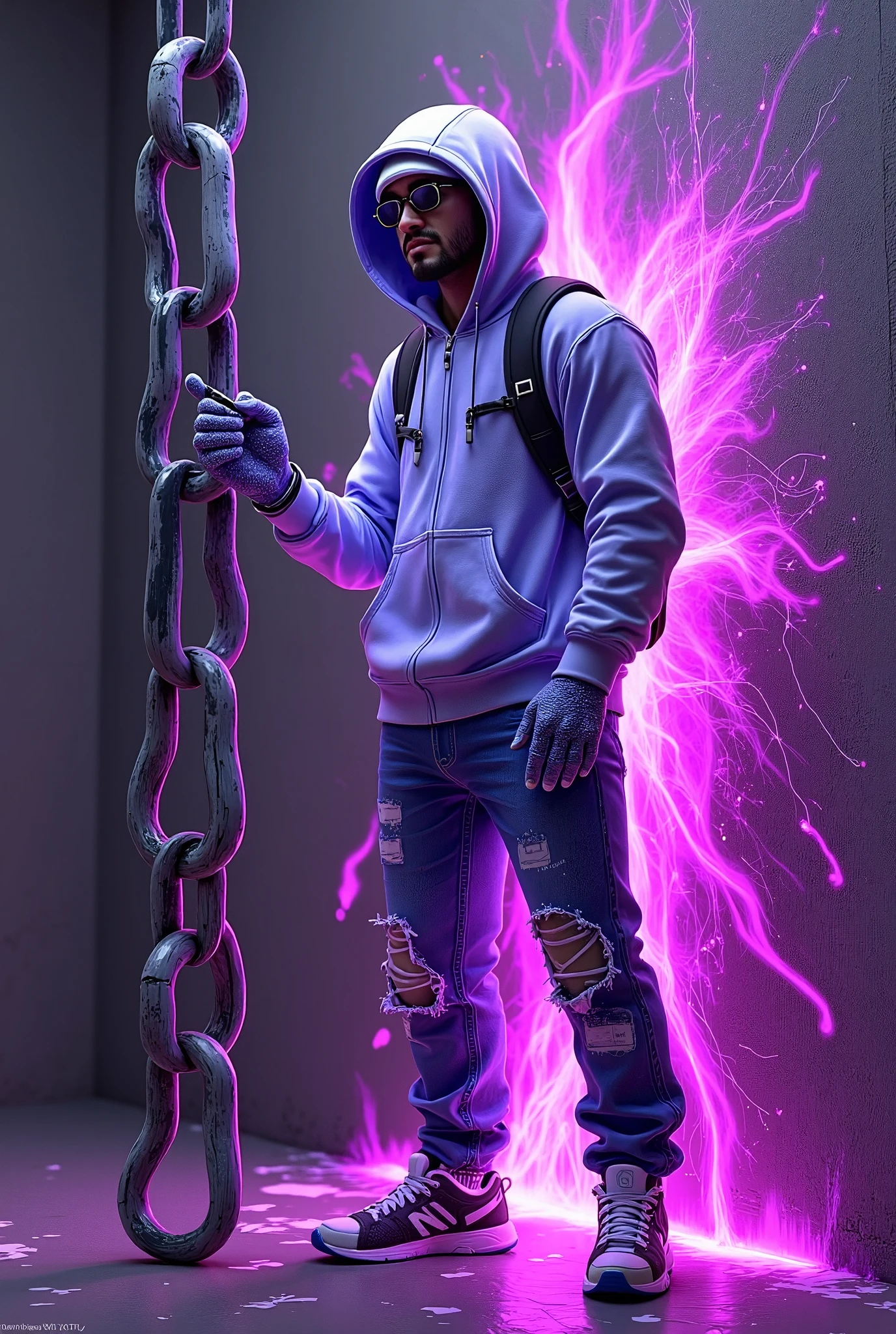 iin style of Russ Mills
 a character stands next to a grey chain, in the style of hip-hop style, silver and purple, master of the spray paint, bryce 3d, personal iconography, simplified figures, multiple flash，neon line art