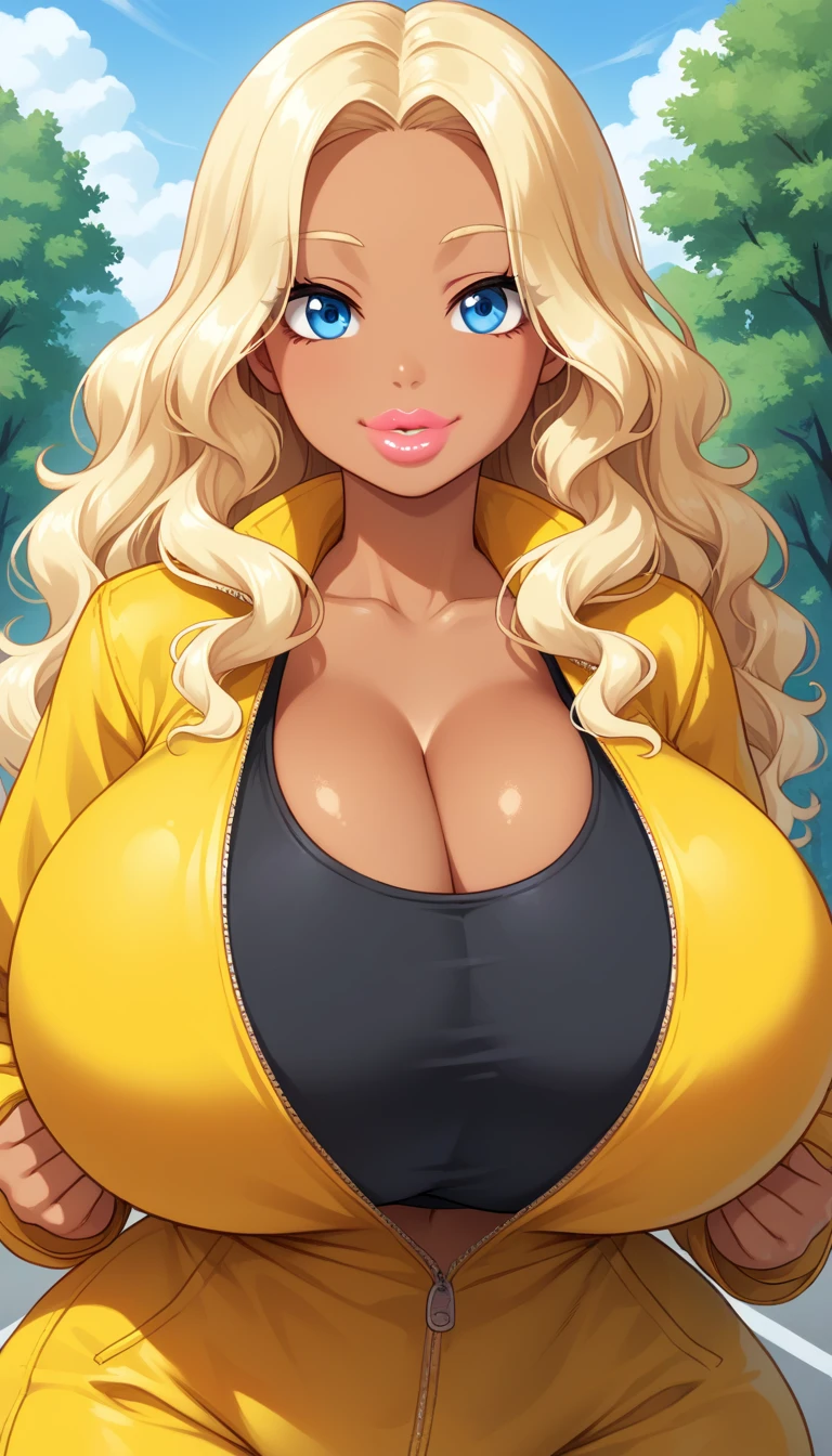 Gorgeous woman, honey-blonde hair, large dark sexy eyes with long eyelashes, full thick pouty lips, big gorgeous smile, huge massive hanging breasts with puffy nipples, blushing face, tight frilly choker, tiny toned wasp waist, massive wide hips, huge round jiggly ass, wide thigh gap, thick toned thighs