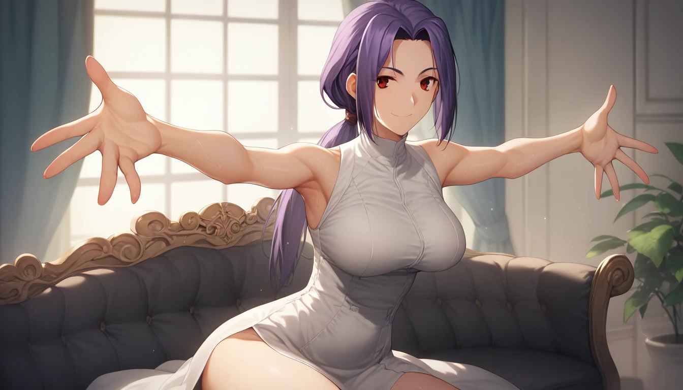 Score_9, Score_8_up, Score_7_up, One Girl,smile, Hirokazu Koyama ,Sweaty,sexy,Pixel Perfect,Large Breasts,Anatomically correct, Masterpiece Highly detailed,8k,indoor,(Fits your body,White rider suit,Sleeveless,Thin fabric),, Red eyes, ( Long Hair, Purple Hair, Parted bangs,Low Ponytail, ), standing,クローズup,sitting cross-legged on the sofa,Arms outstretched