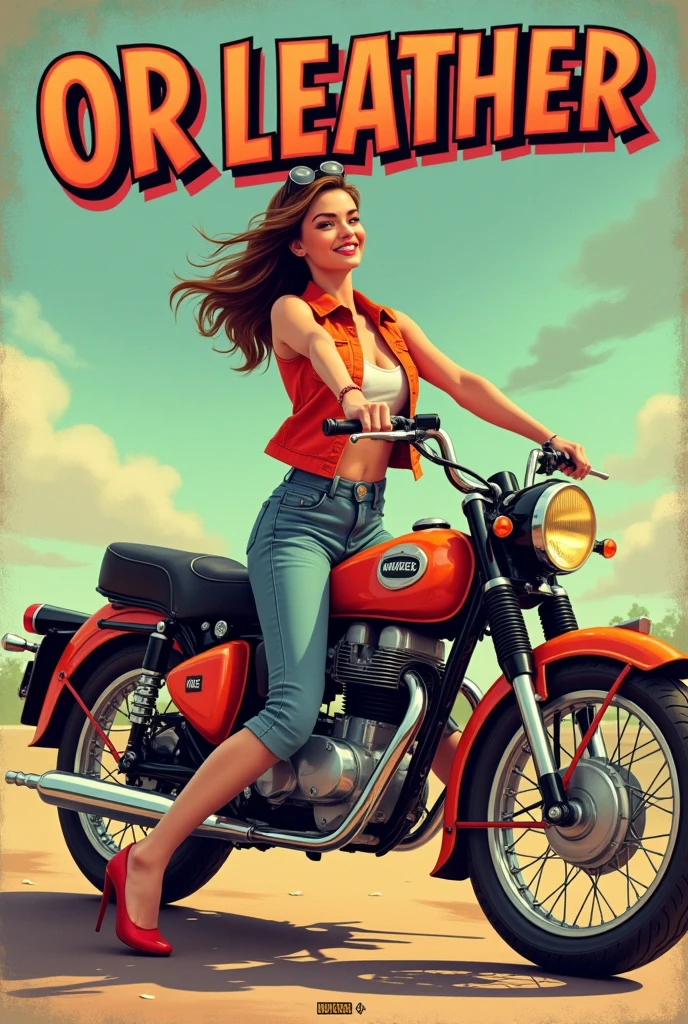 there is a poster with a woman (Jessica Alba :1.1) Red lips, green eyes, on a motorcycle with a banner, pin up poster girl, Glossy old advertising poster, pin up style poster, vintage poster, Vintage poster style, Vintage look, pin-up art, Bob Ringwood, Excellent detail, beautiful retro art, shiny detail, pin up, pin up, garage, pin up, Steve Argyle