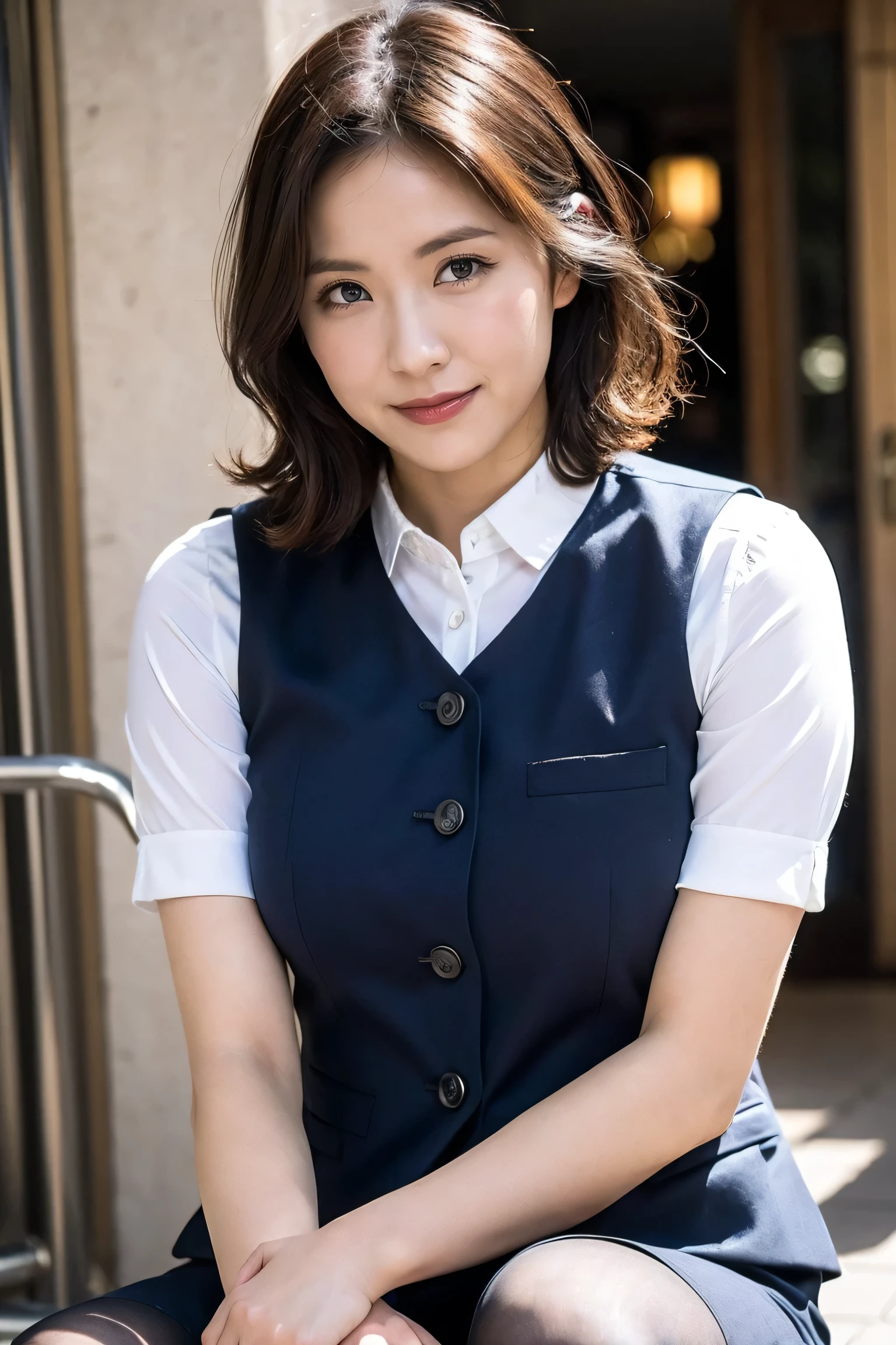 One girl, Mature Woman, (Wearing a navy blue vest:1.5)、(White blouse)、(Gorgeous red ribbon tie)、 bow, photograph, Realistic, highest quality, employment, Detailed face, office, Building seen from the window, Detailed Background, Diffused sunlight, Depth of written boundary, (Standard body shape)、(D cup breasts)、(smile:1.5)、(Very short black hair:1.5)、Bob Hair