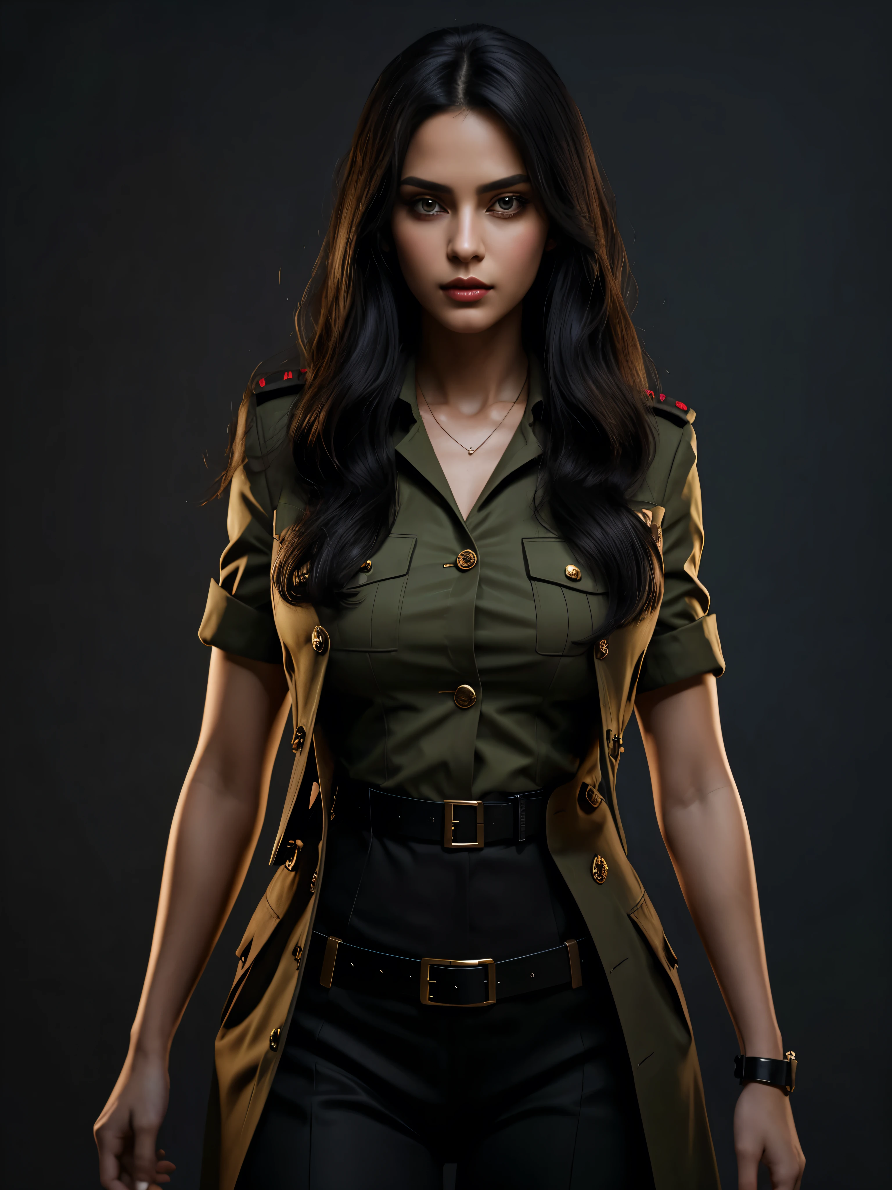 Gigantic breasts, 1girl, military, uniform, military uniform, solo, black hair, buttons, grey background, long hair, looking at viewer, lips, upper body, belt, simple background, realistic, arms at sides, jacket. (perfect details:1.1), (beautiful and clear background:1.2), (extremely detailed CG,ultra detailed,best shadow:1.1), (finely detailed beautiful eyes), (full length 1.1)