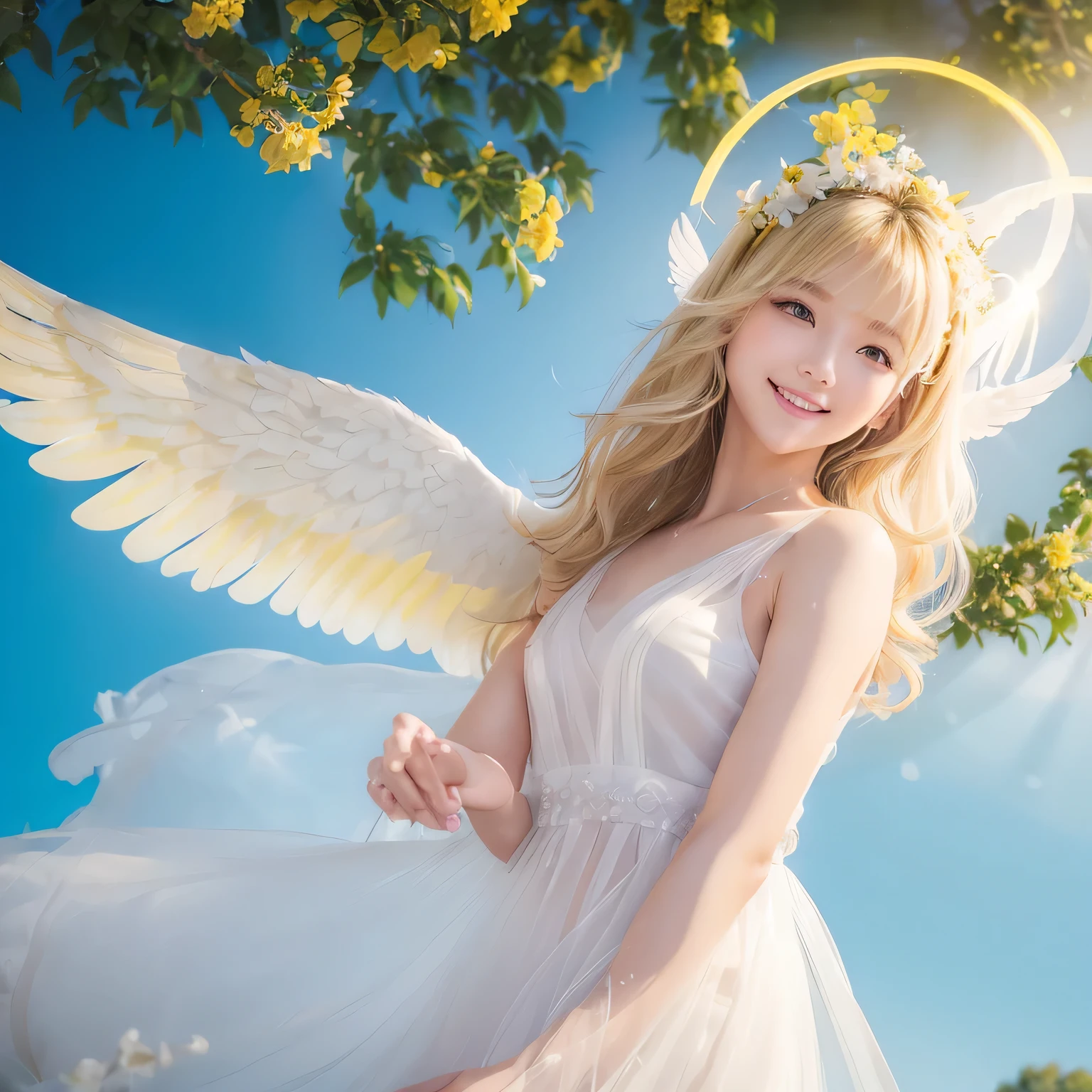 top-quality、Blonde girl flying in the prairie sky with angelic snow-white wings、A smile、are visible from the black dress、Colossal tits、Black panties、Detailed hand