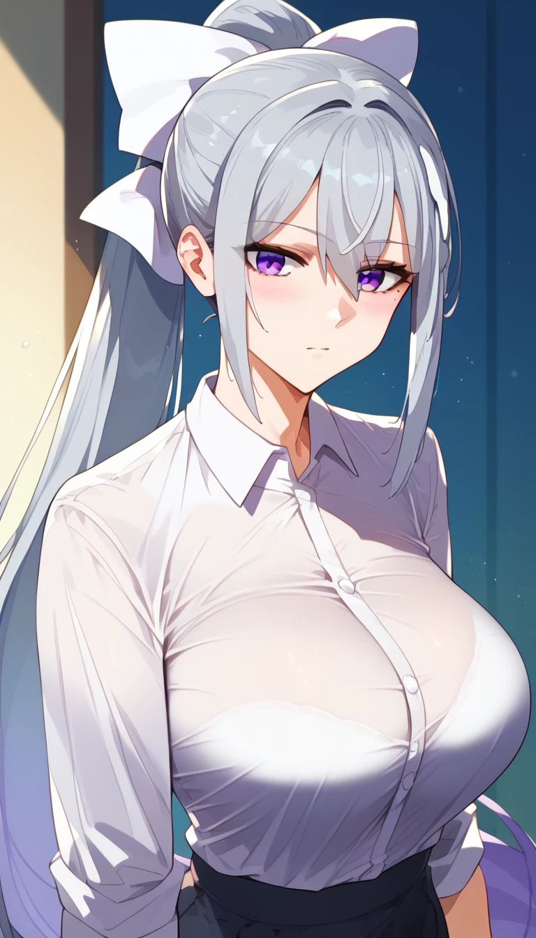 score_9, score_8_up, score_7_up, hk1, purple eyes, grey hair, hair between eyes, long hair,, ponytail, mole, mole under eye, bow, white bow、huge Breasts:3、
shirt, white shirt, necktiepurple 、necktieCardigan,、From the side、Upper Body