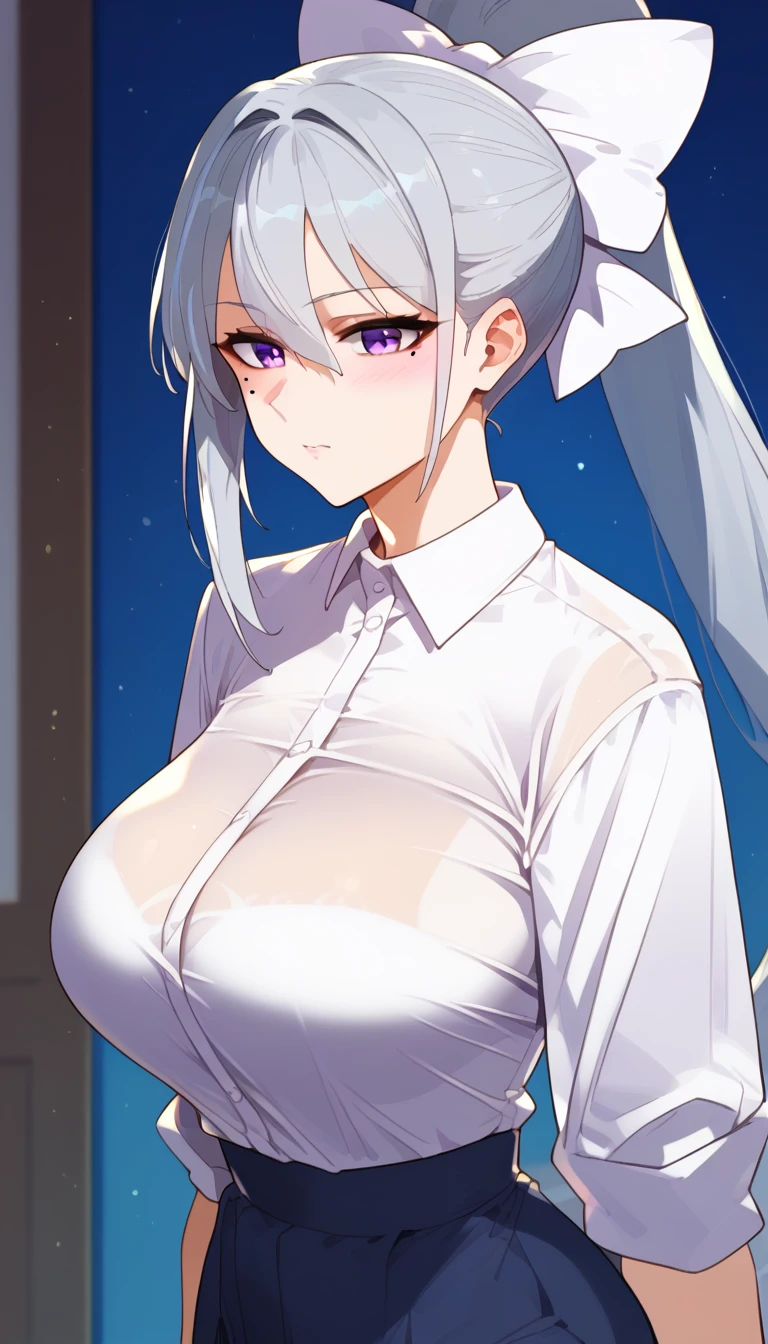 score_9, score_8_up, score_7_up, hk1, purple eyes, grey hair, hair between eyes, long hair,, ponytail, mole, mole under eye, bow, white bow、huge Breasts:3、
shirt, white shirt, necktiepurple 、necktieCardigan,、From the side、Upper Body