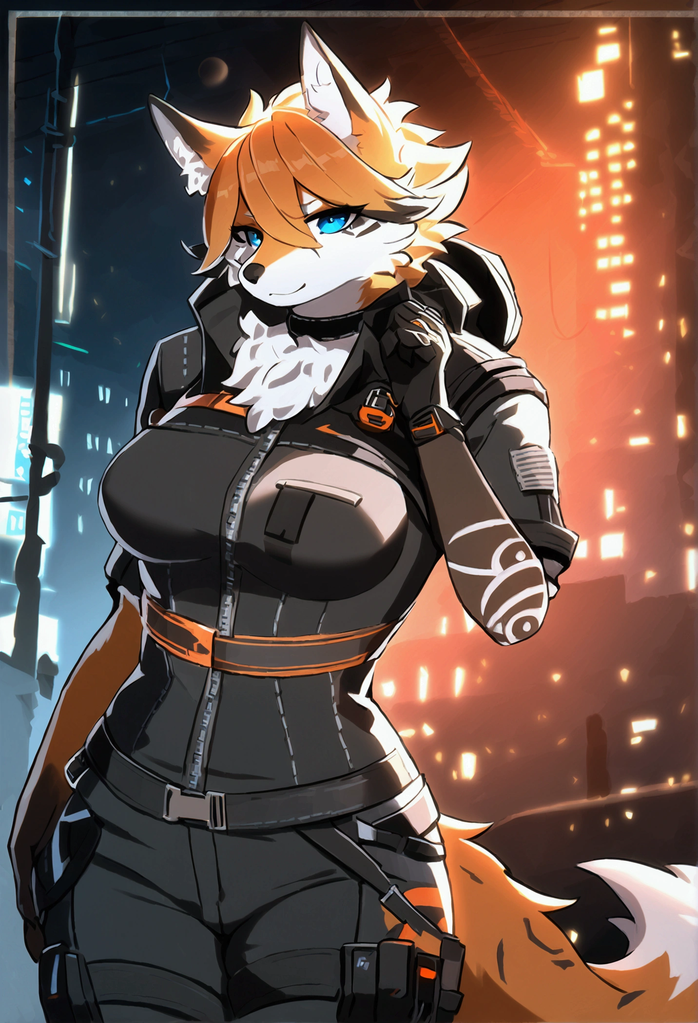 any outfit, any pose, cat, any fur color, any fur pattern, any eye color, and pupil color and shape, ruined and abandoned city, looking at user, any view, any place, full body, massive breasts and hips, undersized or oversized outfit, armed or unarmed, doing anything, tall, adult, full face blush, glowing eyes, any weapon, athletic, headphones [any color], ammo belt, night, rooftop or ground, any expression, doing anything, cybernetic implants, run-down scifi billboards, 4girls, fluffy tail