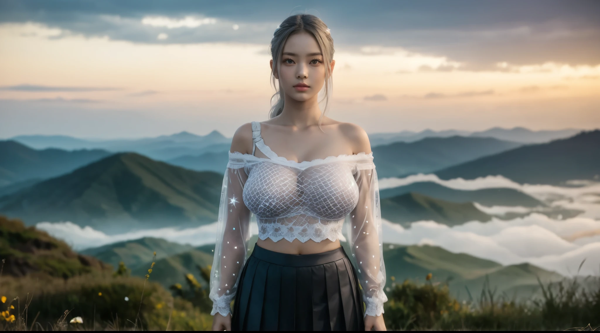 girl, loose ruched shirt lace bra, long sleeve, (gigantic breasts:1.2), bare shoulder, sleek ponytail, detailed hair, hair strands, looking at viewer, navel, sharp focus, cloud, silver hue, ethereal haze, light particles, white star, pleated skirt, white hem, holographic ephemeral iridescent ethereal smoke aura, capricious, charming, fantasy, fantastic, vibrant,