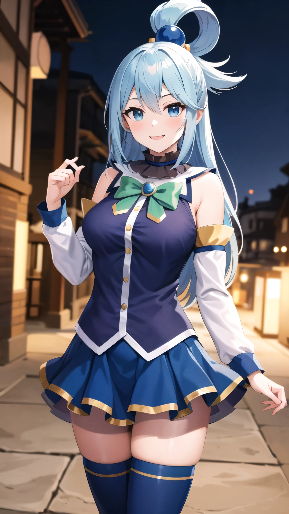 masterpiece, best quality, highres, aaaqua, long hair, blue hair, hair rings, hair ornament, choker, bare shoulders, green bow, blue shirt, detached sleeves, blue skirt, thighhighs, standing, cowboy shot, outdoors, smile