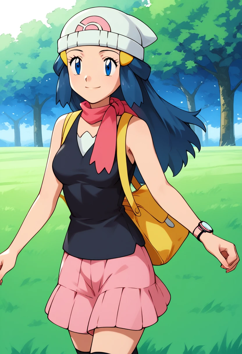 (masterpiece), (Best quality), (Very detailed), (high resolution), (8Khighres), (cel anime), (detailed beautiful face and eyes), (textile shading), (cowboy shot), (grass field), DawnPXL, blue eyes, blue hair, long hair, ornament hair, white beanie, small breasts, yellow bag, pink scarf, sleeveless, black shirt, pink skirt, black socks, pink boots, medium breasts, beautiful breasts, walking, smile,,