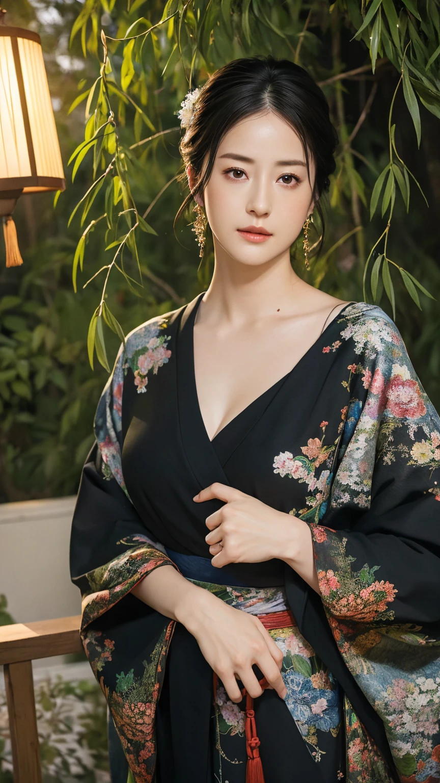 High resolution、masterpiece、Textured Skin、High image quality、超High resolution、Very detailed、woman、Center Parting、Large Breasts、sexy、All-black kimono、The background is under the willow tree in the dark night、If you look at this、solo, Look at, 