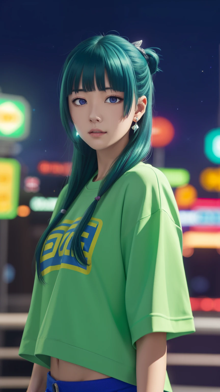 (top quality, 8k, high resolution, masterpiece: 1.2),(reality:1.2), super detailed, anime art style, dynamic angle, (silver jacket, T-shirt, shorts, cyberpunk style, night city, neon lights), detailed green hair, detailed blue eyes, intricate hairstyle, long hair , slim body, sparkling eyes, youthful, hair accessories, earrings, half-updo, slightly dull bangs, detailed lighting, bright colors, looking at the viewer, in the center of the image, cowboy shot,