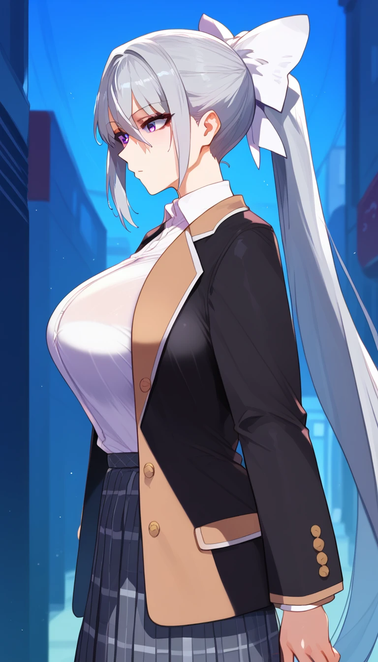 score_9, score_8_up, score_7_up, hk1, purple eyes, grey hair, hair between eyes, long hair, very long hair, ponytail, mole, mole under eye, bow, white bow、huge Breasts:4、Strange Breasts、
shirt, white shirt, necktiepurple necktieCardigan, brown Cardigan, jacket, black jacket, blazer, skirt, grey skirt, plaid skirt, socks, white socks, loafers, black footwear, Upper Body、From the side