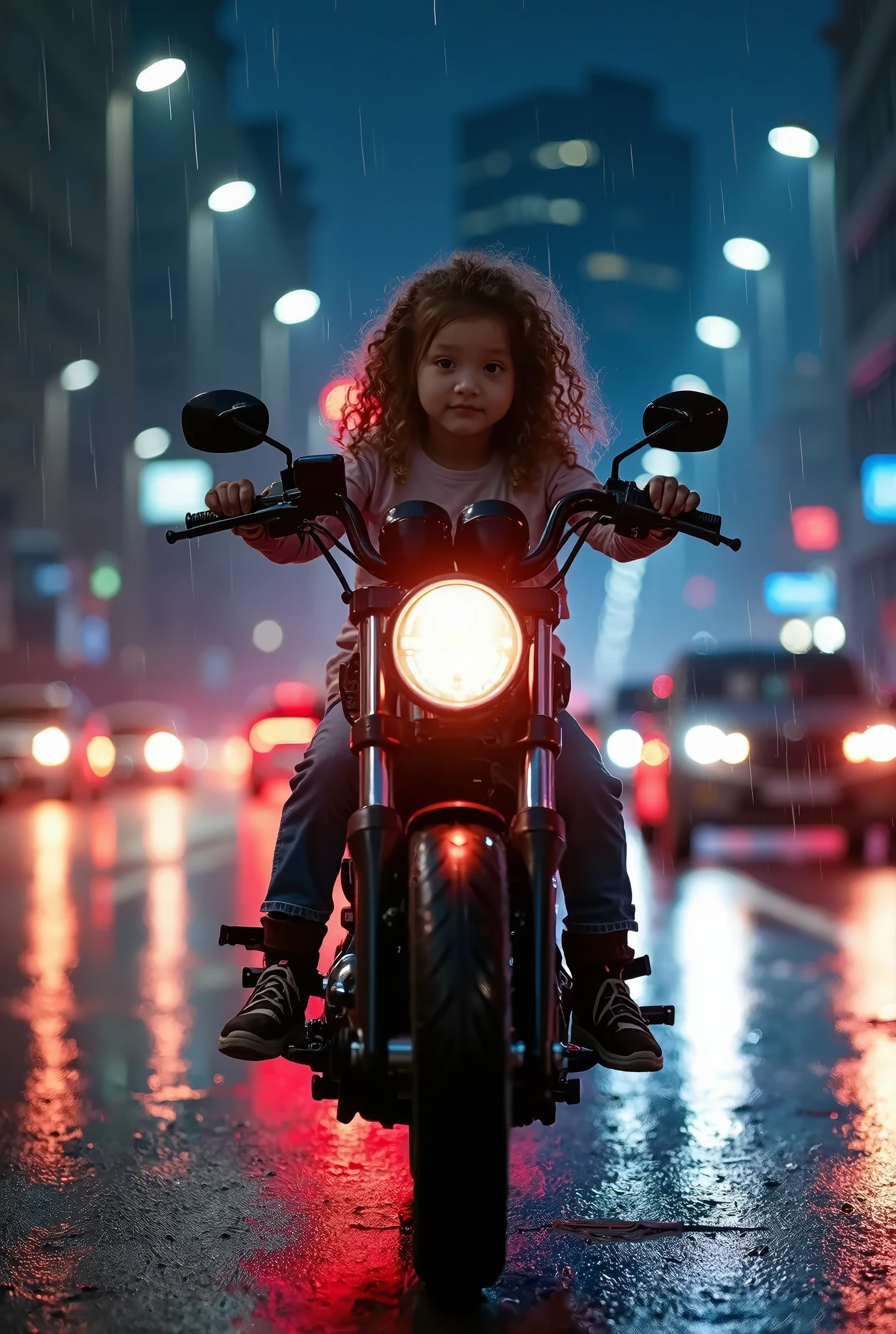 Girl child 10 years old, Russian ruivas in braids, com roupa de jaqueta de couro vermelha, fundo storm, ride into the storm, thunderbolt.