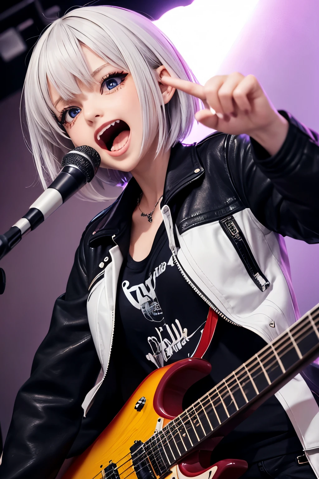 ((Best Quality)), ((masterpiece)), (detailed),Realistic,No background,One Girl,guitarist/vocalist,Passionate,Hard Rock Style,Screaming with mouth wide open,Sharp Eye,Wearing a jacket,Wearing trousers,Short Hairstyles,Her hair color is white、The hair has a cobalt blue gradation towards the tip.,My hair is messy,