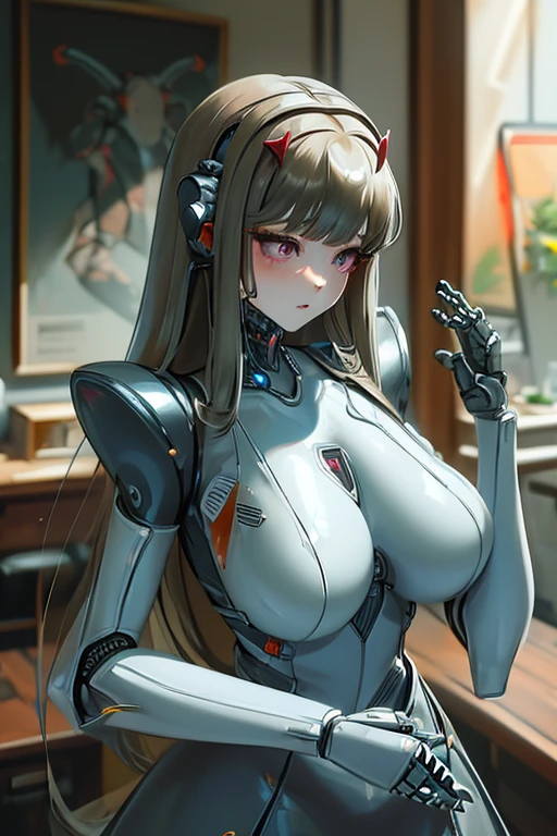 (masterpiece),(Highest quality),(Super detailed),(Best illustrations),(Best Shadow),(Absurd),(Detailed Background),(so beautiful), 16K, 8K, 4K,(Best Shadow),robotization,woman ,big bust,Robot Joint ,Metal skin,Black robot Suit,long hair,a black robot suit that covers the whole body,robot hand,cyber bodysuit,mecha head,(Detailed hands and fingers:1.2),Ball joint robot body,doll joint,beautiful face,beautiful robot girl,robotic eye,robotic hands,(no more human skin),android girl,cyborg girl,F cup, sexy body,(machine made joints:1.2),(machanical limbs:1.1),(blood vessels connected to tubes),(mechanical vertebra attaching to back),(mechanical cervial attaching to neck),no messy picture style,no emotion Viper(NIKKE)