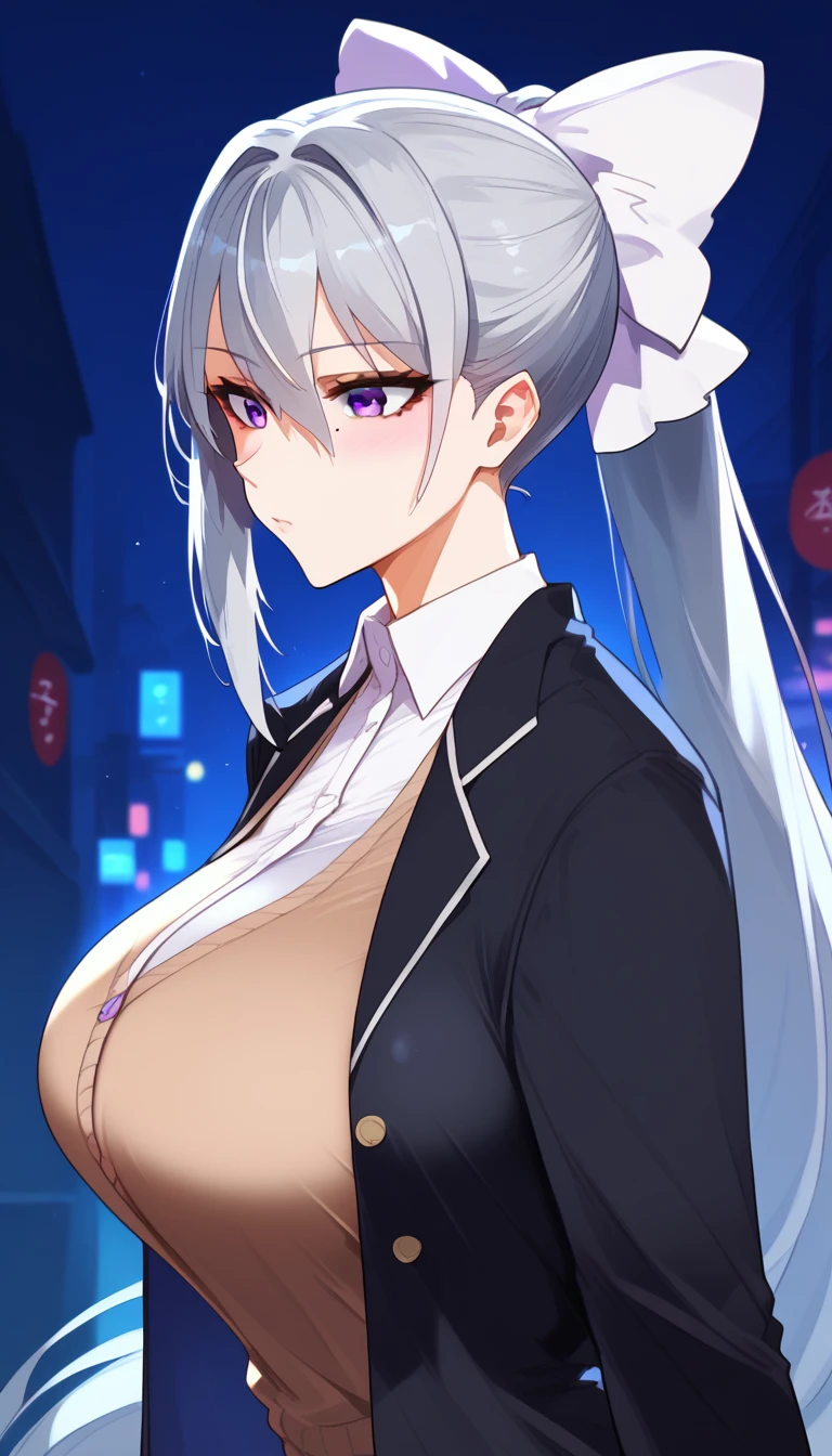 score_9, score_8_up, score_7_up, hk1, purple eyes, grey hair, hair between eyes, long hair, very long hair, ponytail, mole, mole under eye, bow, white bow、huge Breasts:4、Strange Breasts、
shirt, white shirt, necktiepurple necktieCardigan, (brown Cardigan、black jacket, black blazer), Upper Body、From the side