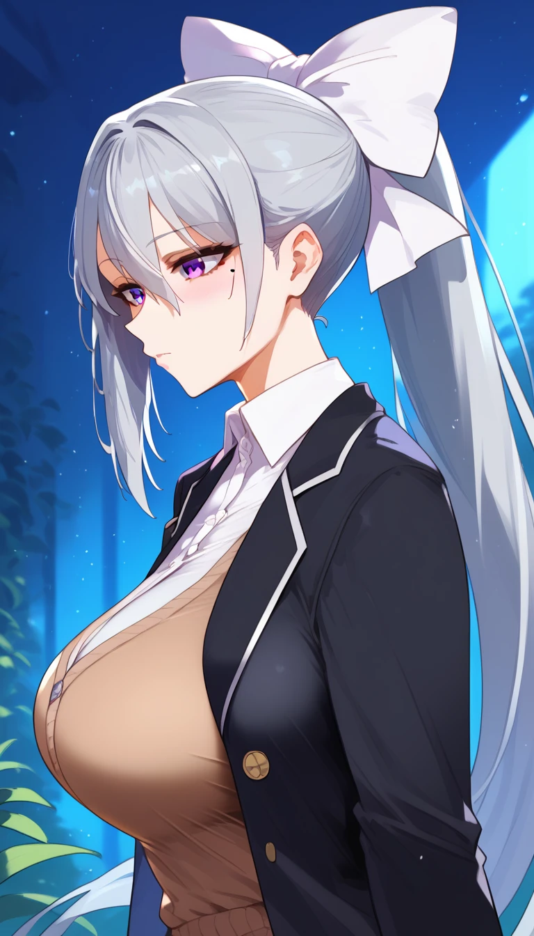 score_9, score_8_up, score_7_up, hk1, purple eyes, grey hair, hair between eyes, long hair, very long hair, ponytail, mole, mole under eye, bow, white bow、huge Breasts:4、Strange Breasts、
shirt, white shirt, necktiepurple necktieCardigan, (brown Cardigan、black jacket, black blazer), Upper Body、From the side