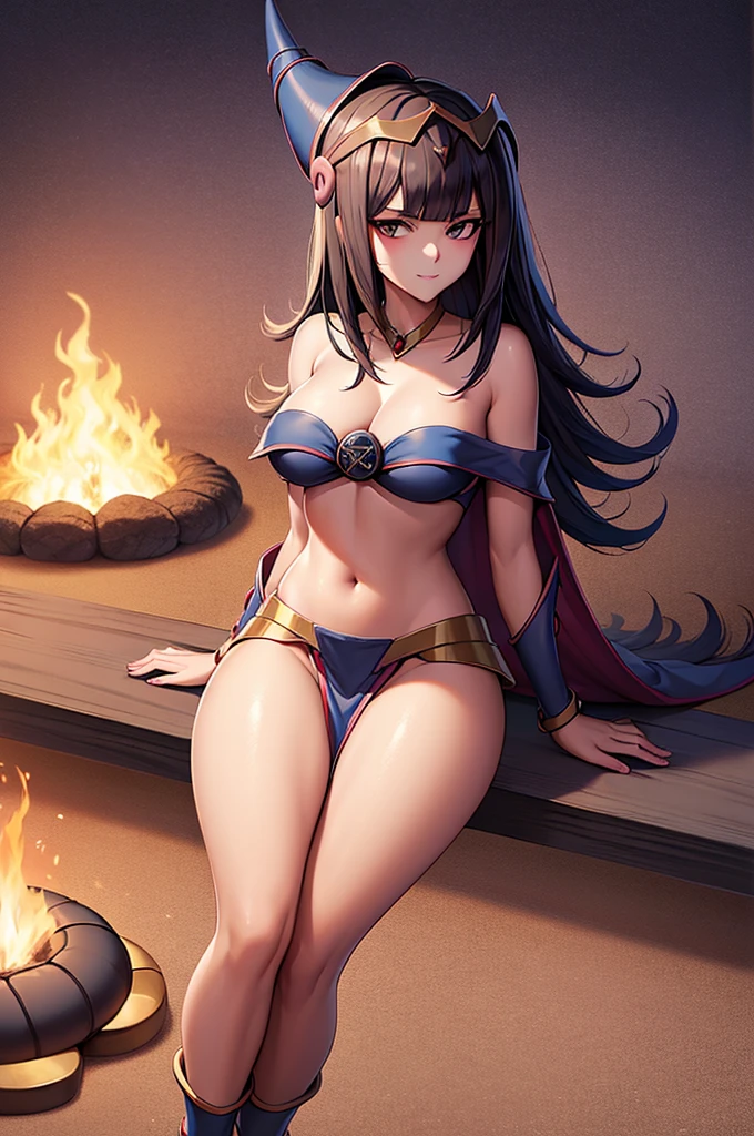 {{masterpiece, ultra-high quality, ultra detailed CG,}} perfect character fusion, outfit fusion, not wearing a swimsuit, sunset, Tharja, Tharja (Fire Emblem), Dark Magician Girl, Dark Magician Girl (Yu-Gi-Oh!), dark purple witch's hat, black straight hair, waist length hair, shoulder less outfit, heels, seductive smile, closed mouth, full body view, large breasts, official art, black thigh highs, thigh hugging thigh highs, looking at viewer, sitting next to a campfire, holding a magical tome, magical staff resting against log besides her