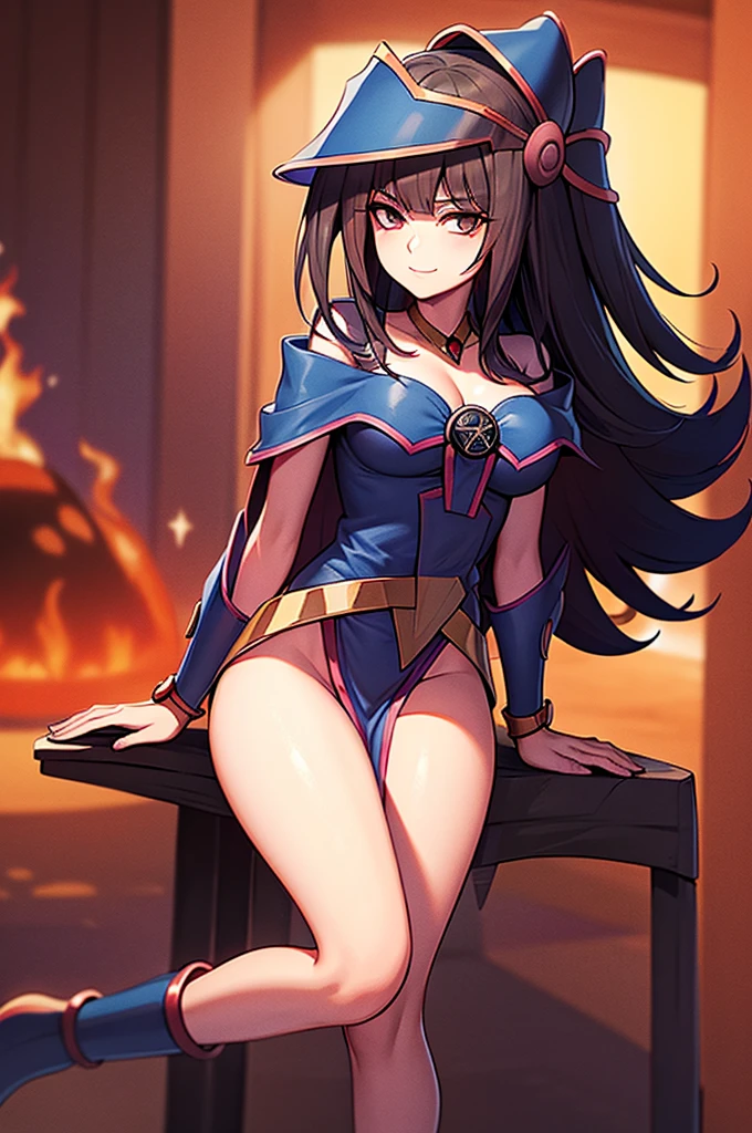 {{masterpiece, ultra-high quality, ultra detailed CG,}} perfect character fusion, outfit fusion, not wearing a swimsuit, sunset, Tharja, Tharja (Fire Emblem), Dark Magician Girl, Dark Magician Girl (Yu-Gi-Oh!), dark purple witch's hat, black straight hair, waist length hair, shoulder less outfit, heels, seductive smile, closed mouth, full body view, large breasts, official art, black thigh highs, thigh hugging thigh highs, looking at viewer, sitting next to a campfire, holding a magical tome, magical staff resting against log besides her