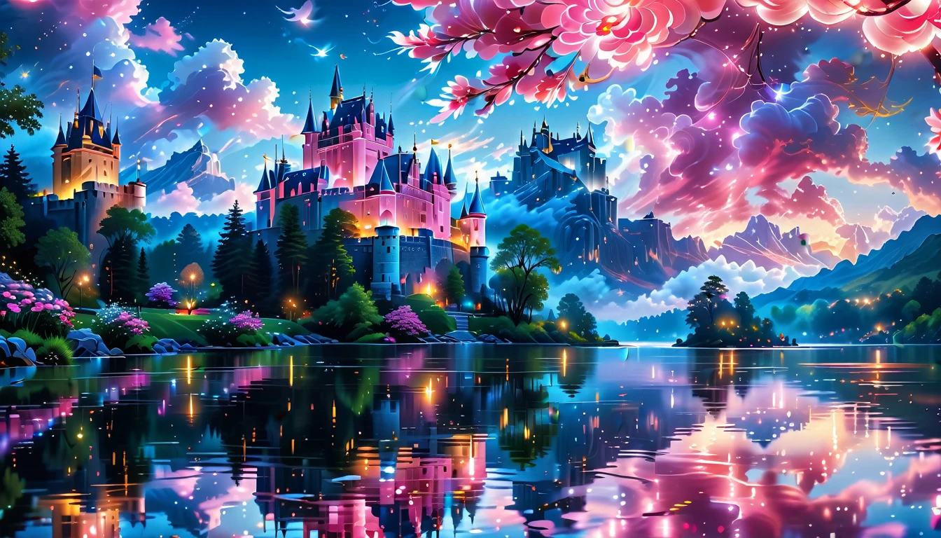 A Masterpiece In 32K Resolution: Supreme Quality, Super Detail, Official Art, Very High-Resolution 32K Wallpaper, Beautiful And Aesthetic, Ultra-Detailed Features, Awe-Inspiring Detail. A Picturesque Scene Of Stunning Castles Illuminated Under A Starry Night Sky, Gracefully Nestled By A Serene Lake. Some Of The Castles Appear To Float On The Water's Surface, Creating A Magical Atmosphere. Wispy Clouds Drift Through The Sky, Adding To The Romance Of The Moment. Majestic Dragons Soar Gracefully Above, While Vibrant Pink Flowers Bloom Along The Lakeshore, Enhancing The Enchanting Beauty Of This Dreamlike Setting.