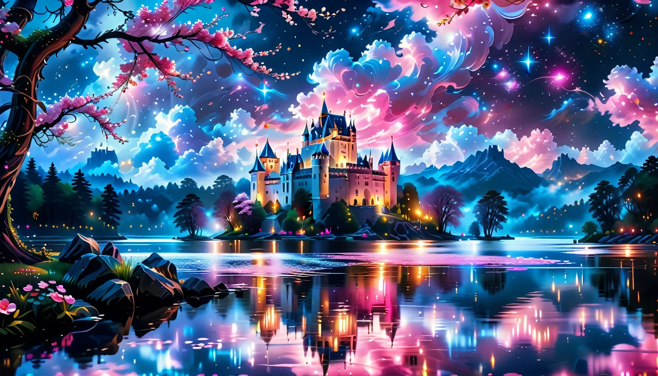 A Masterpiece In 32K Resolution: Supreme Quality, Super Detail, Official Art, Very High-Resolution 32K Wallpaper, Beautiful And Aesthetic, Ultra-Detailed Features, Awe-Inspiring Detail. A Picturesque Scene Of Stunning Castles Illuminated Under A Starry Night Sky, Gracefully Nestled By A Serene Lake. Some Of The Castles Appear To Float On The Water's Surface, Creating A Magical Atmosphere. Wispy Clouds Drift Through The Sky, Adding To The Romance Of The Moment. Majestic Dragons Soar Gracefully Above, While Vibrant Pink Flowers Bloom Along The Lakeshore, Enhancing The Enchanting Beauty Of This Dreamlike Setting.