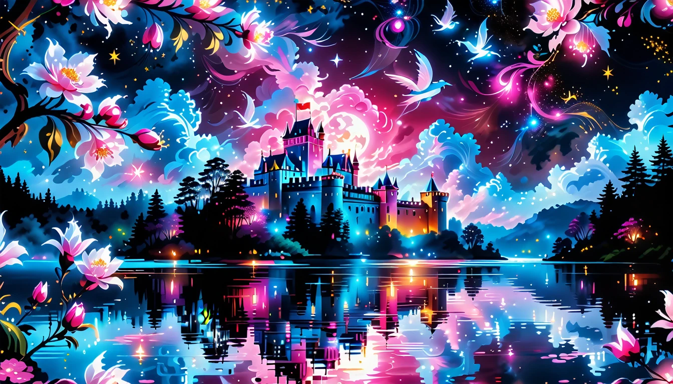 A Masterpiece In 32K Resolution: Supreme Quality, Super Detail, Official Art, Very High-Resolution 32K Wallpaper, Beautiful And Aesthetic, Ultra-Detailed Features, Awe-Inspiring Detail. A Picturesque Scene Of Stunning Castles Illuminated Under A Starry Night Sky, Gracefully Nestled By A Serene Lake. Some Of The Castles Appear To Float On The Water's Surface, Creating A Magical Atmosphere. Wispy Clouds Drift Through The Sky, Adding To The Romance Of The Moment. Majestic Dragons Soar Gracefully Above, While Vibrant Pink Flowers Bloom Along The Lakeshore, Enhancing The Enchanting Beauty Of This Dreamlike Setting.