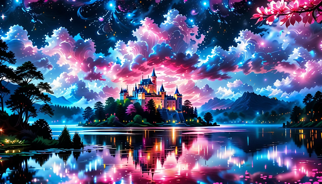 A Masterpiece In 32K Resolution: Supreme Quality, Super Detail, Official Art, Very High-Resolution 32K Wallpaper, Beautiful And Aesthetic, Ultra-Detailed Features, Awe-Inspiring Detail. A Picturesque Scene Of Stunning Castles Illuminated Under A Starry Night Sky, Gracefully Nestled By A Serene Lake. Some Of The Castles Appear To Float On The Water's Surface, Creating A Magical Atmosphere. Wispy Clouds Drift Through The Sky, Adding To The Romance Of The Moment. Majestic Dragons Soar Gracefully Above, While Vibrant Pink Flowers Bloom Along The Lakeshore, Enhancing The Enchanting Beauty Of This Dreamlike Setting.