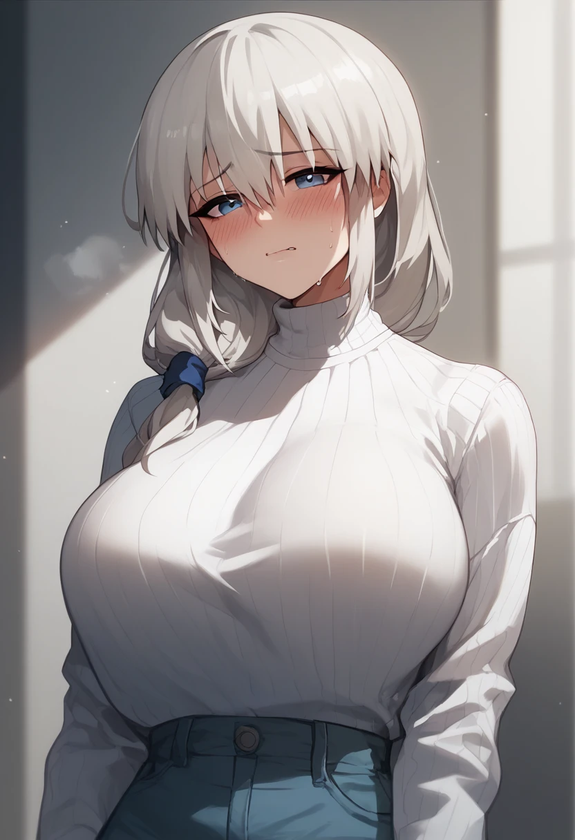 Huge breasts、blush、Sweat、In the heat、Long white hair、Braiding、uzaki_fortune、
{Highest quality}, {so beautiful}, {Very detailed}, {Best illustrations},Life、High neck long sleeve white ribbed knit T-shirt、デニムパンツ、Are standing、