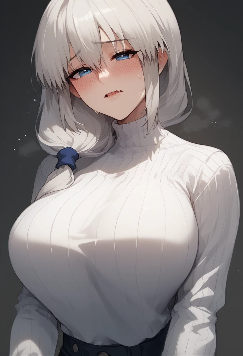 Huge breasts、blush、Sweat、In the heat、Long white hair、Braiding、uzaki_fortune、
{Highest quality}, {so beautiful}, {Very detailed}, {Best illustrations},Life、High neck long sleeve white ribbed knit T-shirt、デニムパンツ、Are standing、