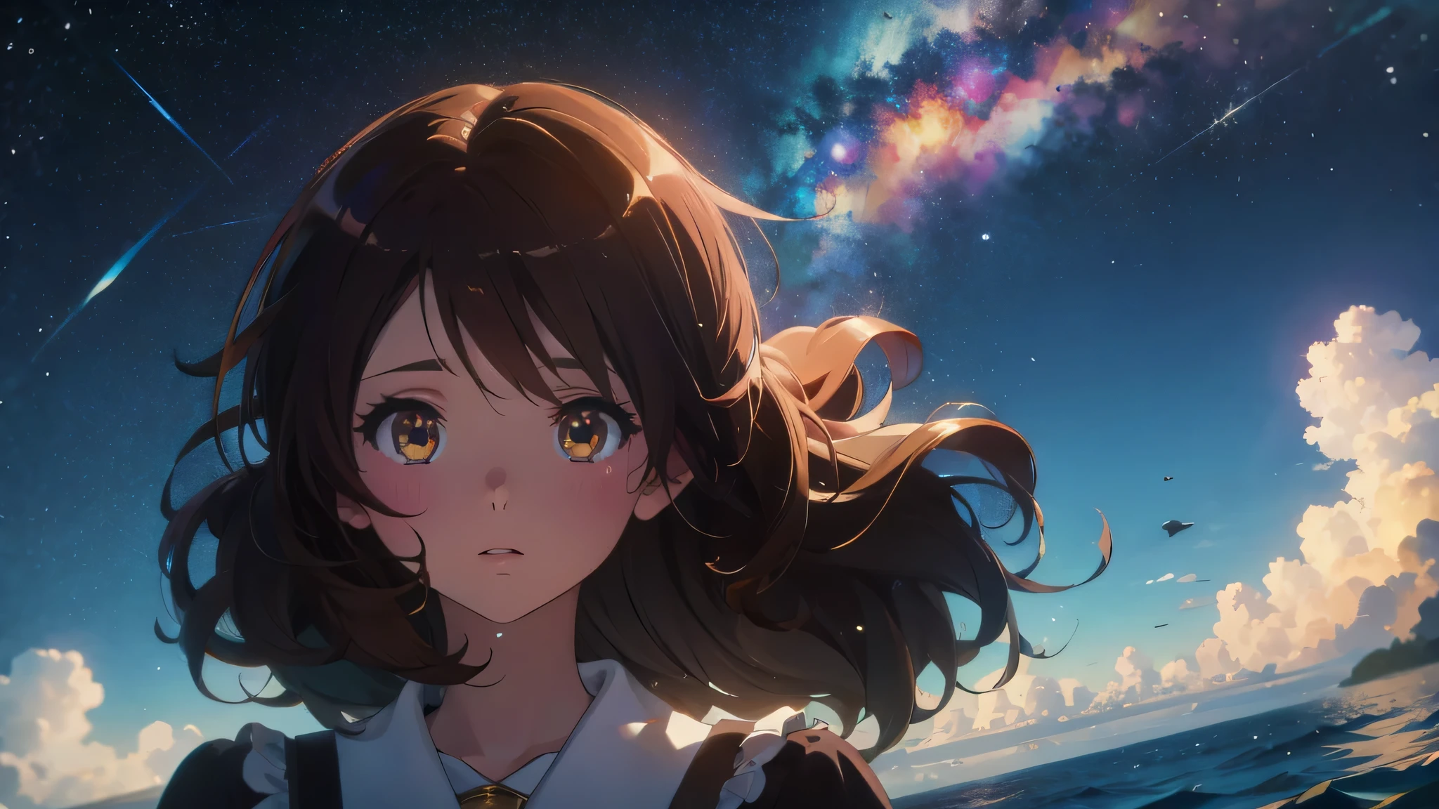 Highest quality, 8k, high quality, masterpiece:1.2), ((masterpiece)), (high detail, high quality, Highest quality), Portraiture, (Cute illustrations:1.2), (Perfectly Balanced Anatomy), meteorite falling,Gazing at the distant sky、Full body portrait、The meteorite falls into the ocean、Sparkling、There is also blue sky、Looking Up、There is brightness