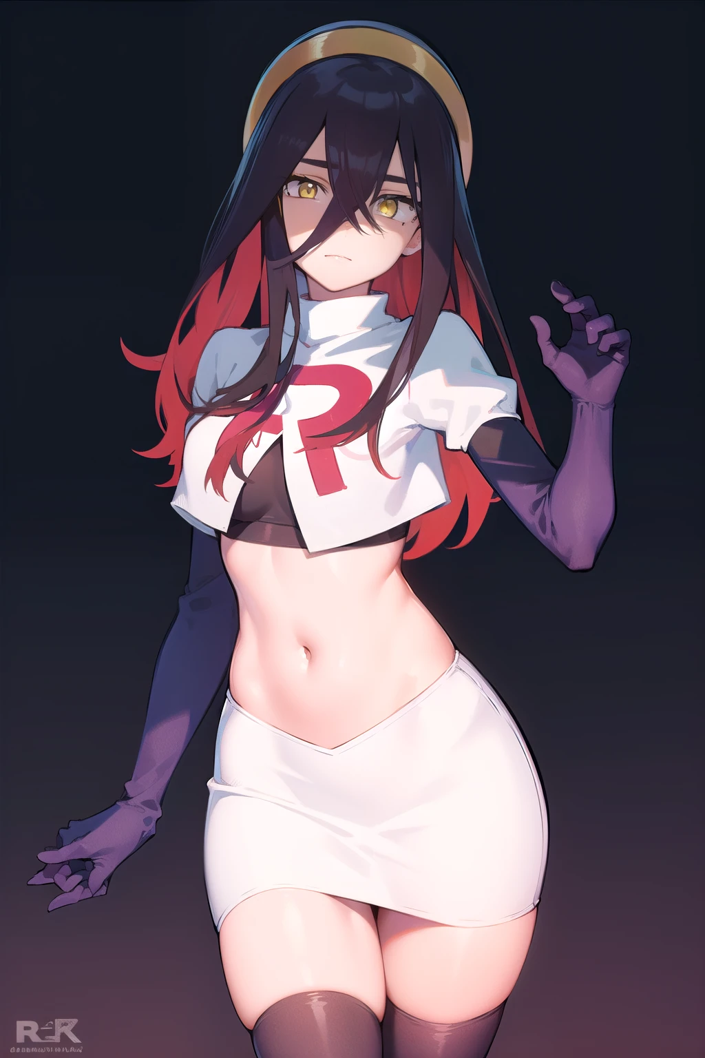 pokemoncarmine, pokemoncarmine, black hair, colored inner hair, crossed bangs, hair between eyes, hairband, long hair, mole, mole under eye, multicolored hair, red hair, sidelocks, two-tone hair, (yellow eyes:1.5), yellow hairband,
BREAK team rocket,team rocket uniform,white skirt,red letter R,crop top,black thigh-highs,black elbow gloves,
BREAK looking at viewer, cowboy shot,
BREAK (masterpiece:1.2), best quality, high resolution, unity 8k wallpaper, (illustration:0.8), (beautiful detailed eyes:1.6), extremely detailed face, perfect lighting, extremely detailed CG, (perfect hands, perfect anatomy),