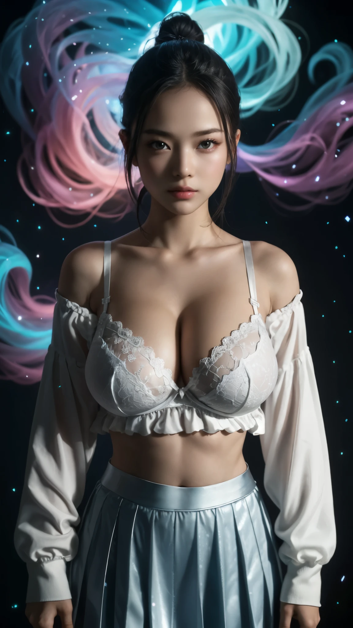 girl, loose ruched shirt lace bra, long sleeve, (tweeny, cute:1.2), (huge breasts:1.4), bare shoulder, sleek ponytail, detailed hair, hair strands, looking at viewer, navel, sharp focus, cloud, silver hue, ethereal haze, light particles, white star, pleated skirt, white hem, holographic ephemeral iridescent ethereal smoke aura, capricious, charming, fantasy, fantastic, vibrant,