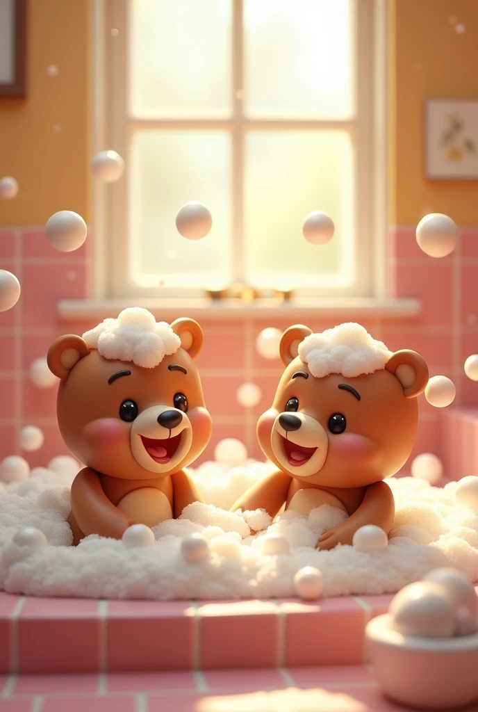 Bear, bathing, bubble bath, washing your head in a hurry, smiling, having fun, splashing, soap bubbles,bubbles in the bathroom, close eyes,