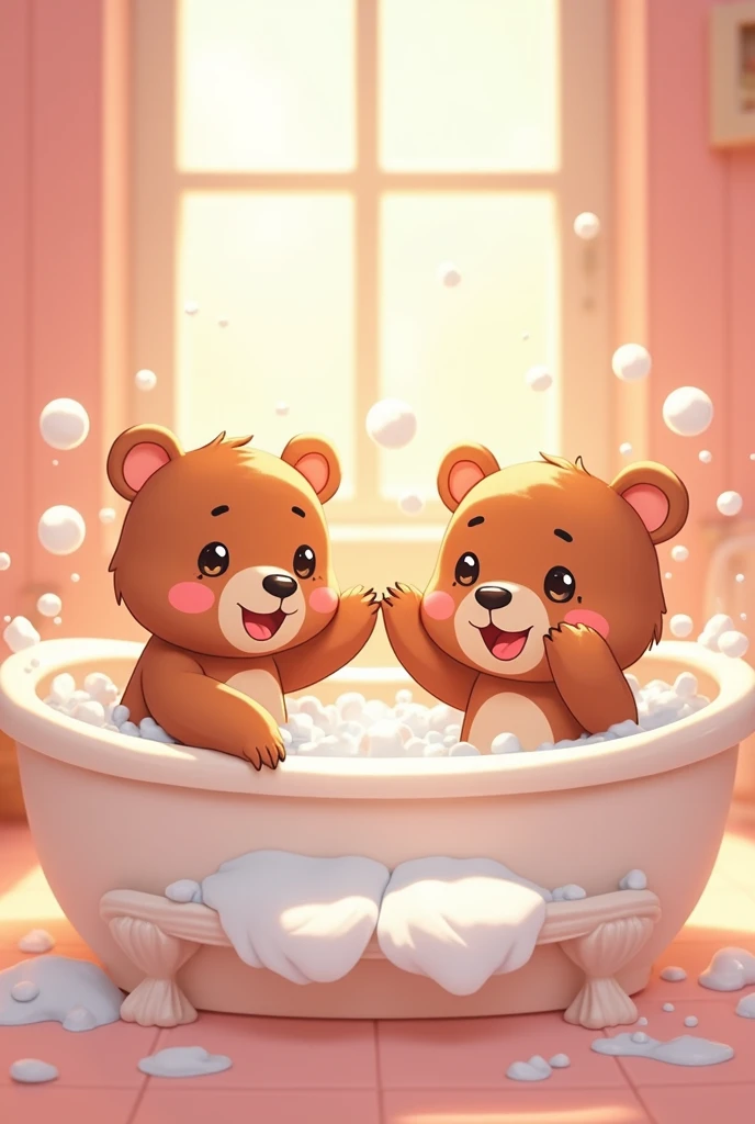 Bear, bathing, bubble bath, washing your head in a hurry, smiling, having fun, splashing, soap bubbles,bubbles in the bathroom, close eyes,