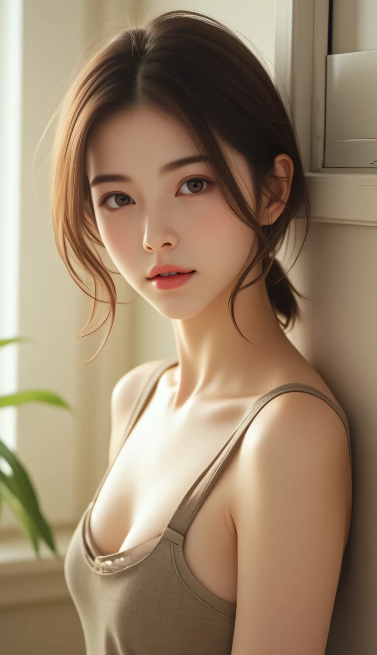 Portrait of a charming 27-year-old Korean woman. Her hair is styled elegantly and gracefully. She is wearing a suspender skirt, exuding a touch of sexiness. A soft smile plays on her lips. The subject is centered in the frame, facing directly towards the camera. Soft, diffused lighting from above creates a gentle glow, accentuating her features. The background is a simple, light-colored wall. Shot with a high-quality mirrorless camera using a 50mm portrait lens at f/2.2, capturing sharp details in her face while blurring the background slightly. The image has a refined quality, reminiscent of fashion photography. Post-processing enhances warm tones and adds a subtle vignette for an artistic, sophisticated look.