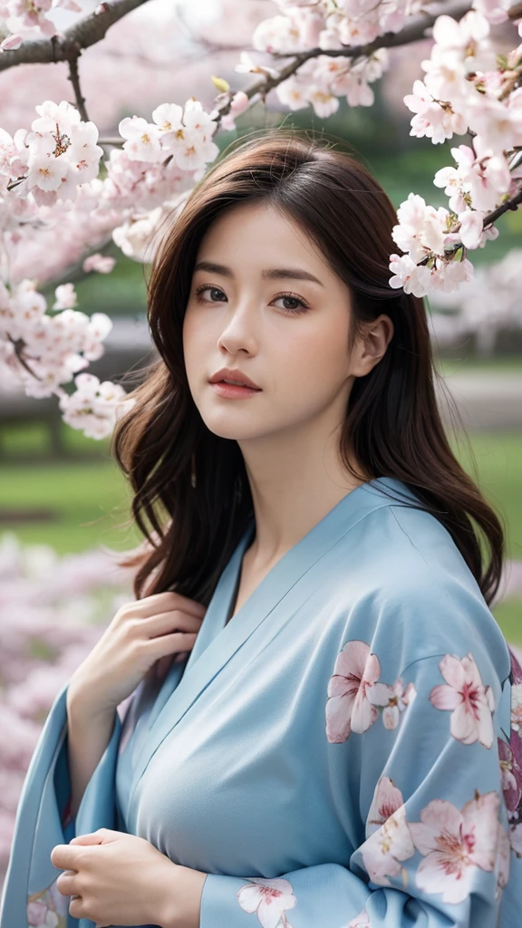 High resolution、masterpiece、Textured Skin、High image quality、超High resolution、Very detailed、woman、Center parted hair、Large Breasts、sexy、kimono、The background is under a cherry tree with cherry blossom petals falling.、If you look at this、solo, Look at, 