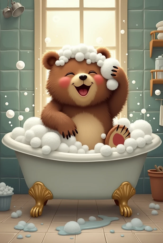 Bear, bathing, bubble bath, washing your head in a hurry, smiling, having fun, splashing, soap bubbles,bubbles in the bathroom, close eyes,