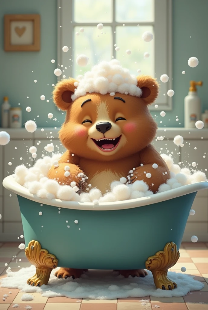 Bear, bathing, bubble bath, washing your head in a hurry, smiling, having fun, splashing, soap bubbles,bubbles in the bathroom, close eyes,