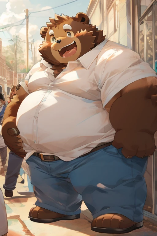 tanuki，obese,  distracted, wearing a white button-down shirt, Blue jeans, tanned, in the school yard, happy, (3:4)