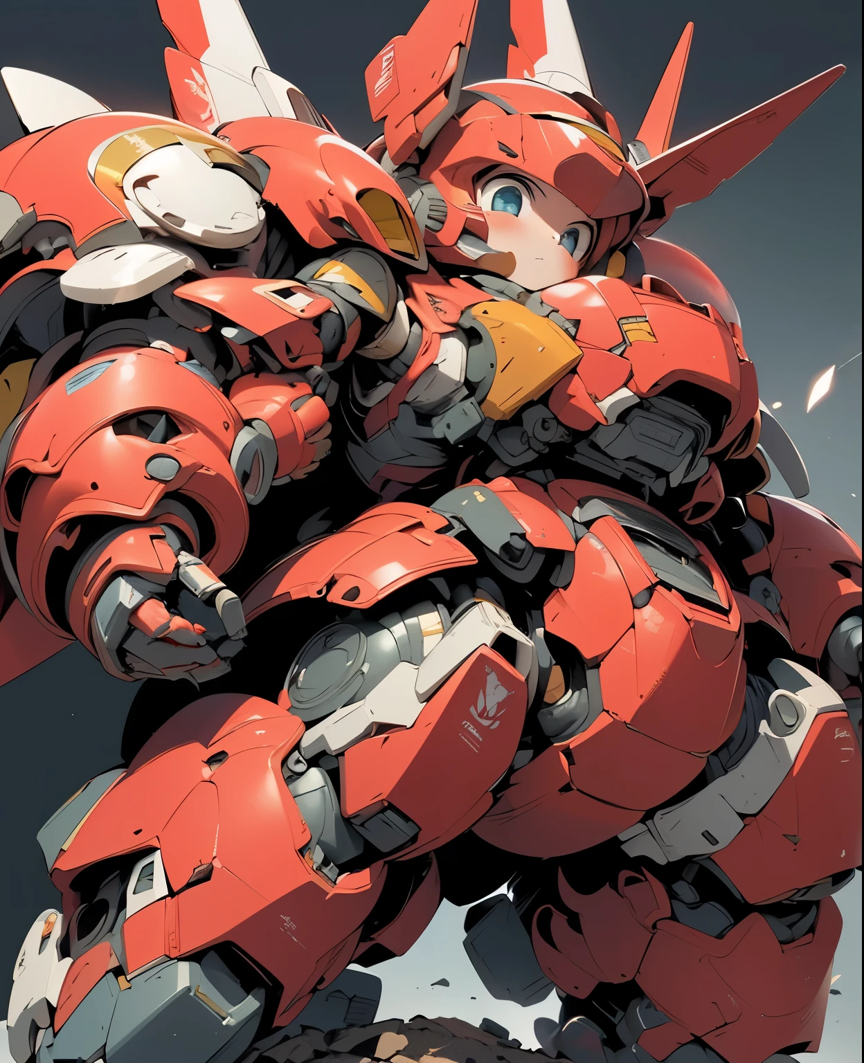 (((1 chibi girl in large red-colored robot costume, from below))), ssmile, (holding weapons), (chibi), (bulky:1.8), (((helmet:1.5))), large cute face, (((looking down:1.5))), mechanical parts, ((mechanical wings)), (full armor:1.8), (mecha armor:1.8), (shoulder guards:1.2),(huger arms), ((mechanical arms:1.5)), (short legs), (huger body:1.8), (heavy equipment:1.6), (from below), (headgear), blue sky, white clouds, robot joints, becoming a mecha, mecha, (RARS), (HRS), ROBOTANIMESTYLE, BJ_Cute_Mech,cute, girl BREAK ((masterpiece)), vibrant colors, 8k, best quality, ultra detailed illustration, ((best quality)), ((high resolution)), flawless skin textures, shiny oiled skin, extremely detailed anime eyes , extreme light and shadow