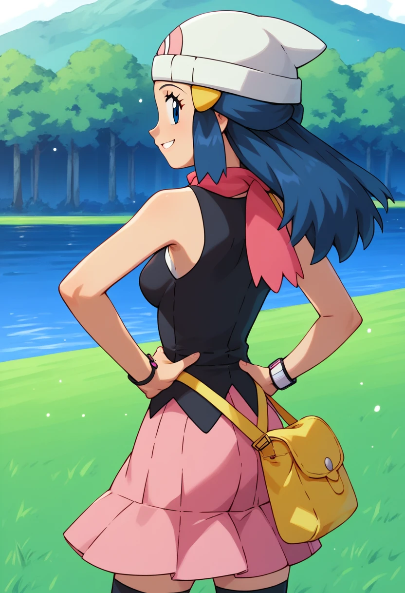 (masterpiece), (Best quality), (Very detailed), (high resolution), (8Khighres), (cel anime), (detailed beautiful face and eyes), (textile shading), (cowboy shot), (grass field), DawnPXL, blue eyes, blue hair, long hair, ornament hair, white beanie, yellow bag, pink scarf, sleeveless, black shirt, pink skirt, black socks, pink boots, medium breasts, beautiful breasts, smile, put hands on hips, looking back, from behind,,