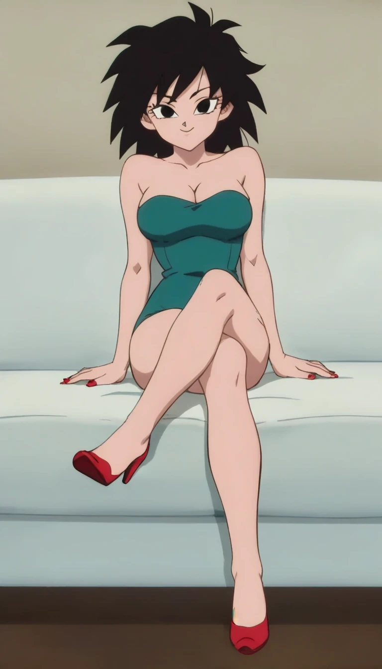 source_anime, score_9, score_8_up, score_7_up, anime screencap, absurd res, official style, gine, 1girl, solo, black hair, black eyes, closed mouth, pelo aguamarina, bare shoulders, strapless, medium breast, a strapless black tube dress, cleavage, sitting on a sofa, full body, bare legs with red heels, smile, looking at viewers 