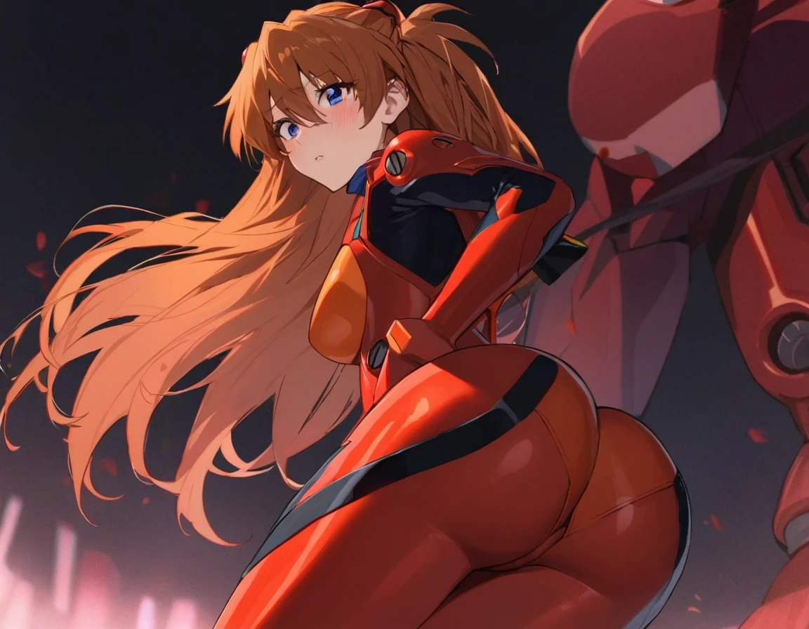 1girl, souryuu asuka langley, neon genesis evangelion, big breasts, red plugsuit, standing at the entrance of a futuristic room. She is positioned with her back to a sliding automatic door., looking back,emphasize buttoks, looking at viewer, masterpiece, best quality, very aesthetic, absurdres,