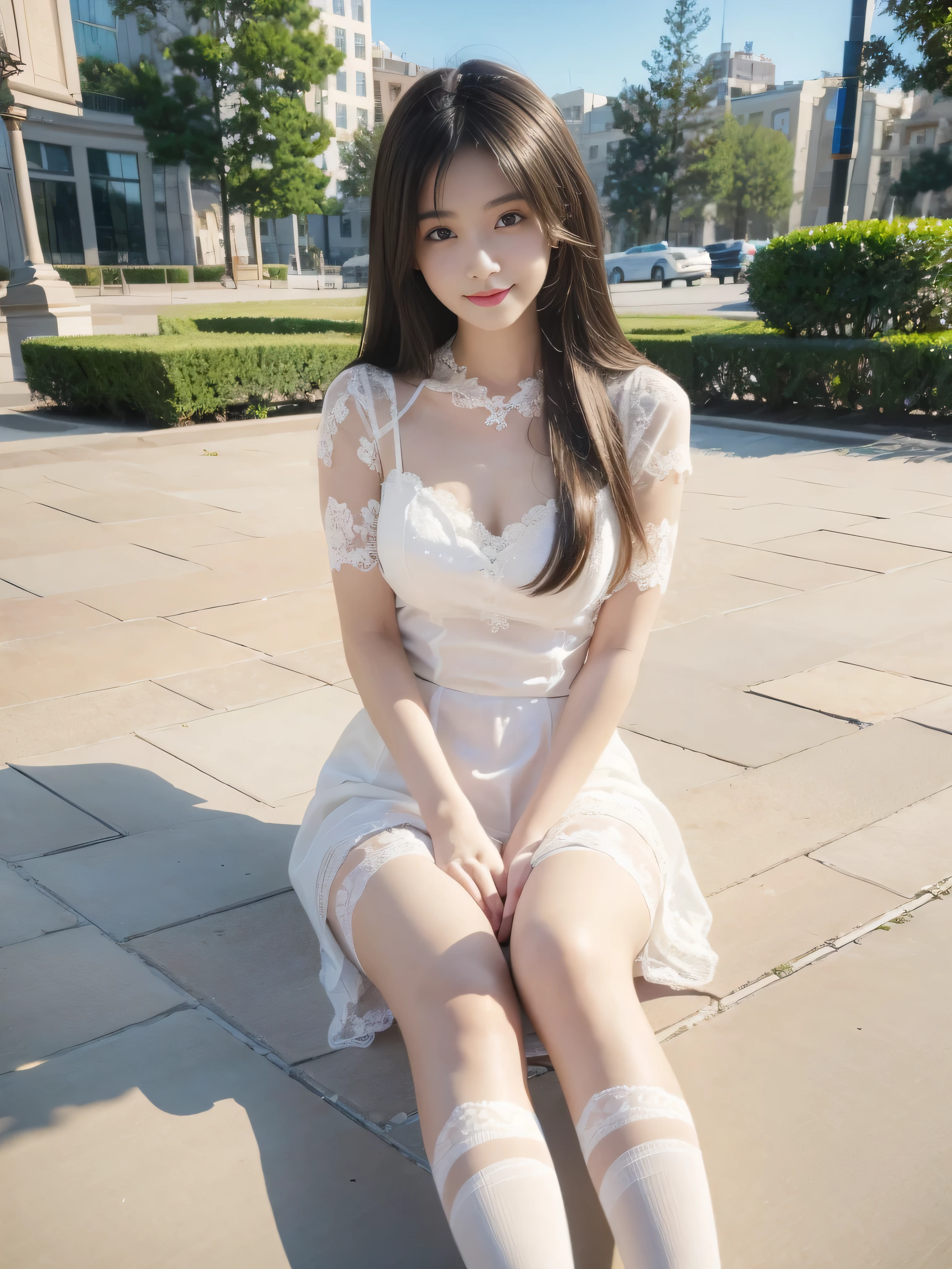 masterpiece, Best quality, Very detailed face,1 beautiful young girl,Solitary,White thin lace stockings,Smile,Sitting on the ground,Perfect body proportions,Long hair,Slim figure,Legs apart