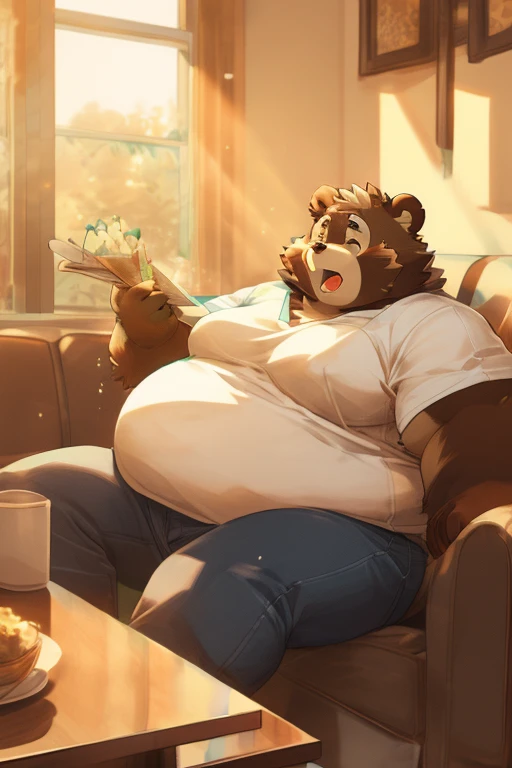 tanuki，obese,  distracted, wearing a tight white shirt, skinny jeans, sweating, sitting in the living room, sitting on the sofa, fanning herself from the heat, Sun rays coming through the window, panting, incomforme, (3:4)